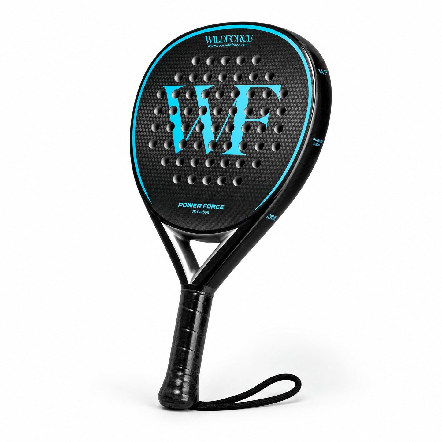 WildForce Power Force 3K Carbon padelracket, zwart met cyaankleurig WF-logo, strakke studiofoto