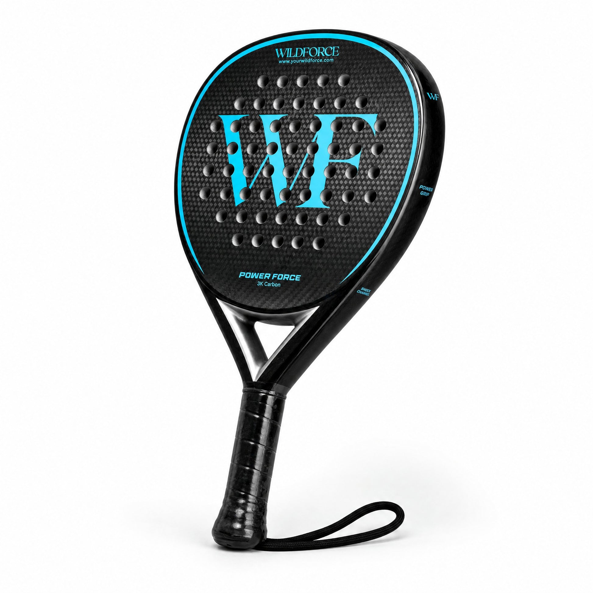 WildForce Power Force 3K Carbon padelracket, zwart met cyaankleurig WF-logo, strakke studiofoto
