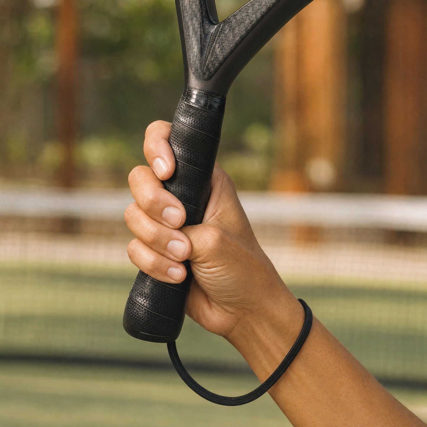 Close-up van een hand om het zwarte handvat van het WildForce Power Force padelracket op de baan, met het polskoord in beeld