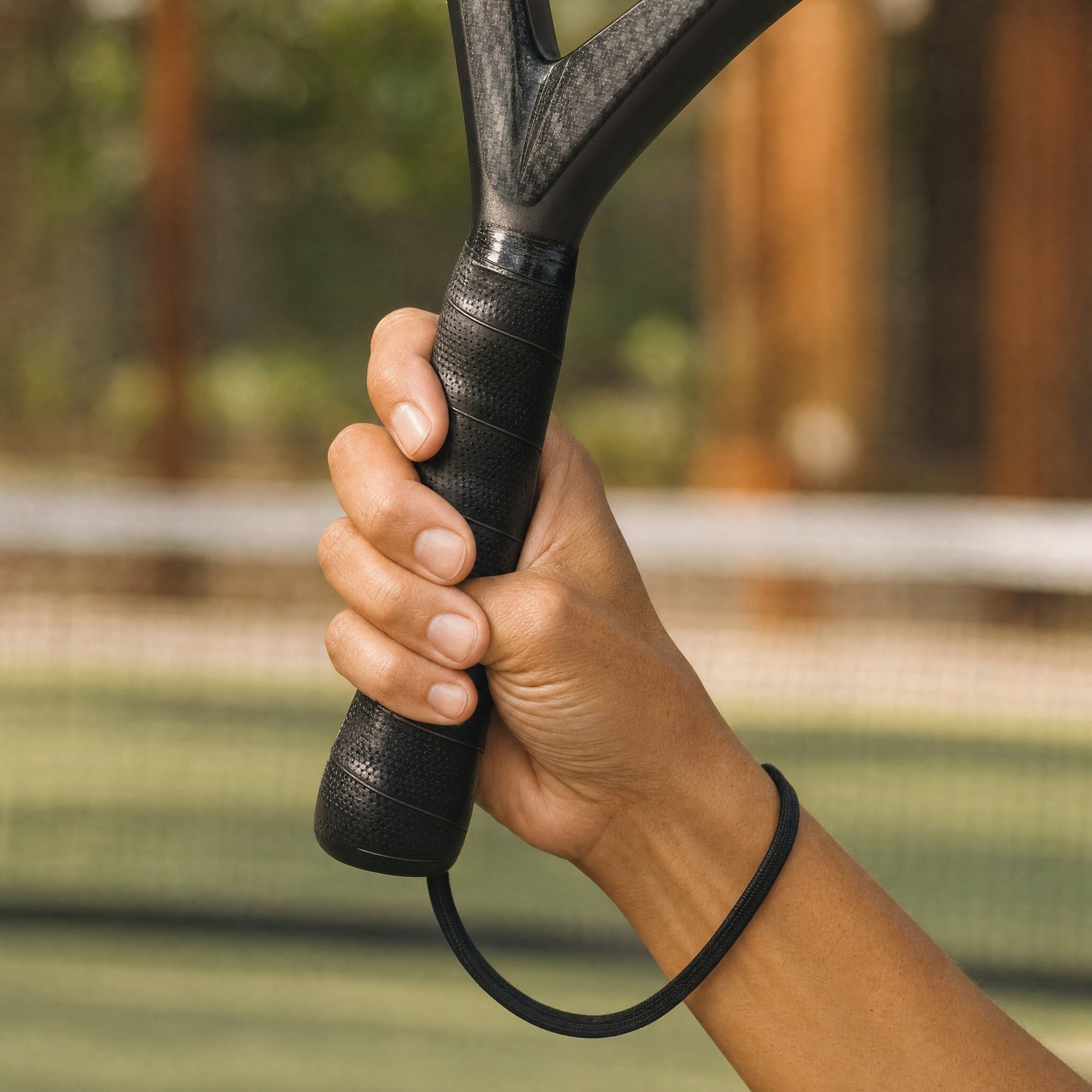 Close-up van een hand om het zwarte handvat van het WildForce Power Force padelracket op de baan, met het polskoord in beeld